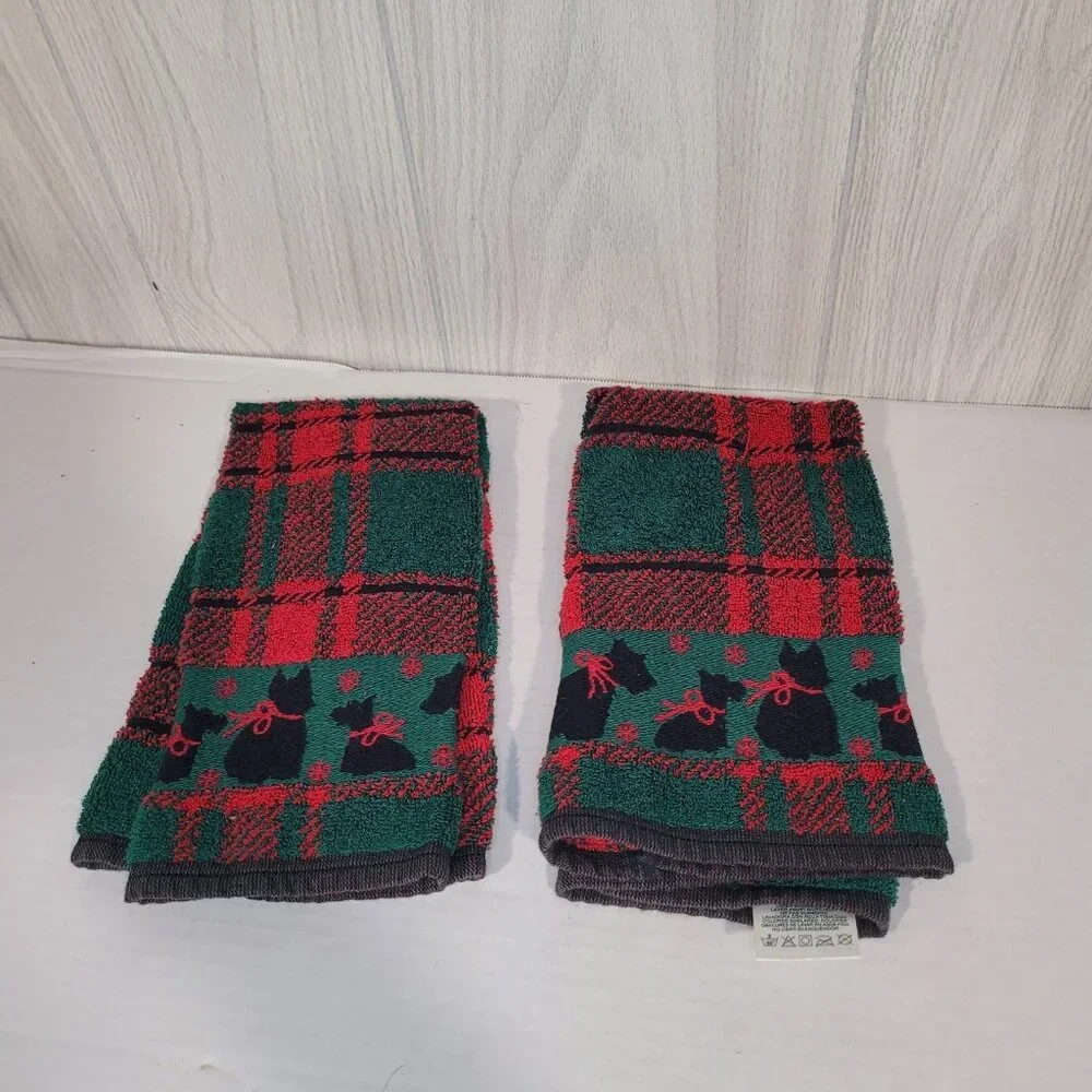 Vtg Hand Towels Santens Set of 2 Red Green Scottie Dog Made in USA